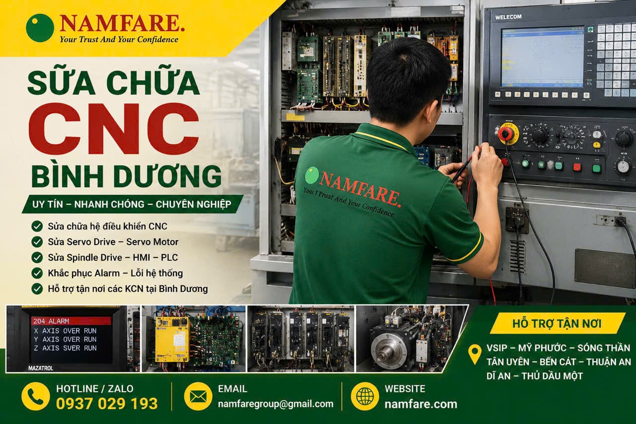 Hình ảnh thực tế dự án sửa chữa CNC Bình Dương do Namfare thực hiện. Kỹ thuật viên tiến hành kiểm tra, chẩn đoán và xử lý lỗi máy CNC tại nhà máy, đảm bảo thiết bị hoạt động ổn định và giảm thời gian dừng sản xuất. Namfare hỗ trợ sửa chữa Fanuc, Mitsubishi, Mazak, Servo Drive, PLC, HMI và các hệ thống điều khiển CNC công nghiệp.