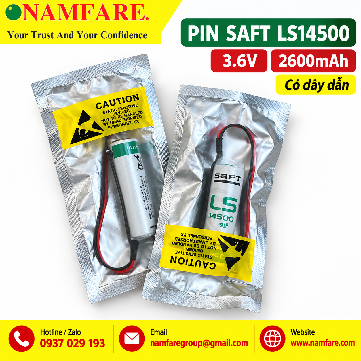 pin LS3.6V Pin SAFT LS14500 3.6V 2600mAh Có Dây – Pin Lithium Công Nghiệp - Ảnh 1